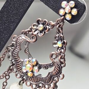 VTG Aurora Borealis Crystal & Copper Chandelier Earrings, Floral Filigree, Posts